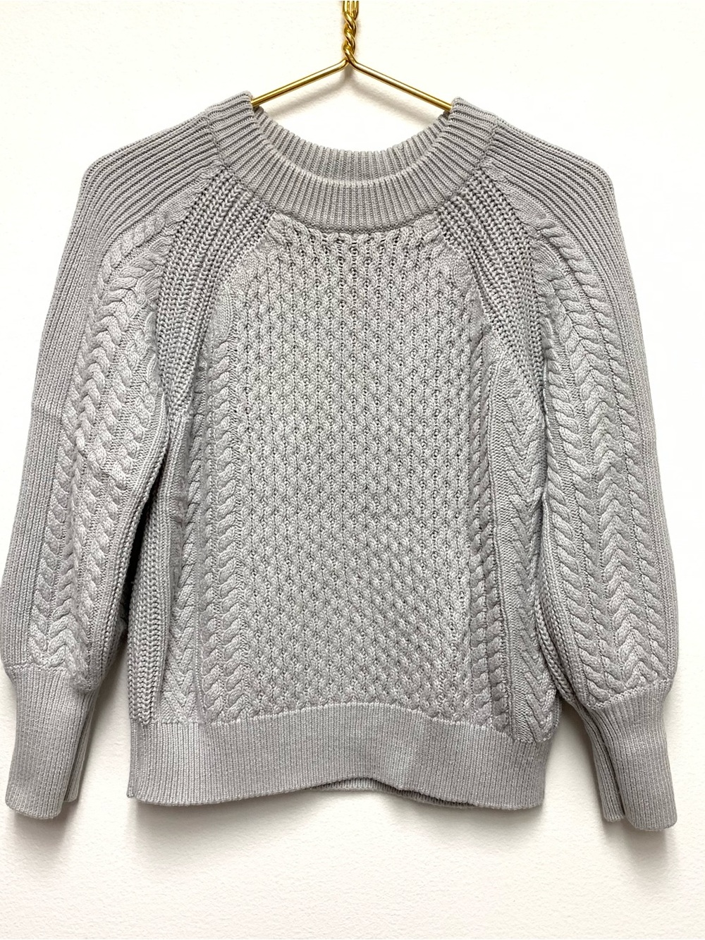 Magaschoni Cable Knit Crew Neck Sweater Size Small Grey Cashmere Wool Cotton